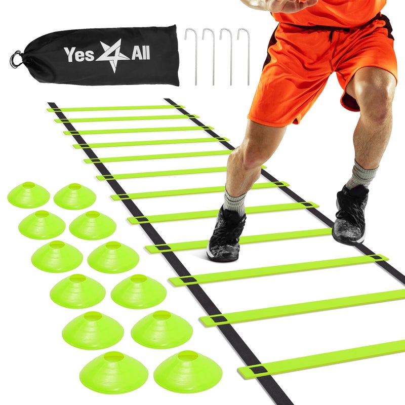 Yes4All Agility Ladder â€“ Adjustable Speed & Agility Training Equipment for All Ages, Durable Speed Ladder, Multiple Combo Sets Available, Lime, 12 Agility Cones, 4 Steel Stakes - Image 1