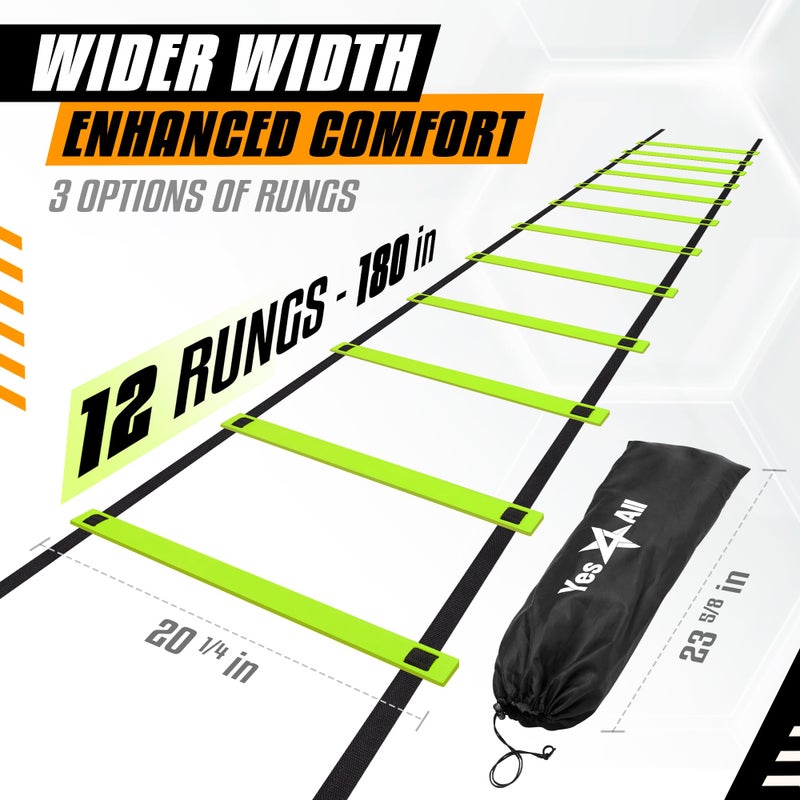 Yes4All Agility Ladder â€“ Adjustable Speed & Agility Training Equipment for All Ages, Durable Speed Ladder, Multiple Combo Sets Available, Lime, 12 Agility Cones, 4 Steel Stakes - Image 2