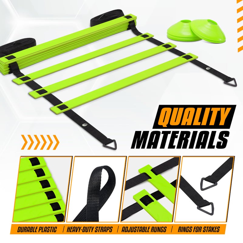 Yes4All Agility Ladder â€“ Adjustable Speed & Agility Training Equipment for All Ages, Durable Speed Ladder, Multiple Combo Sets Available, Lime, 12 Agility Cones, 4 Steel Stakes - Image 3