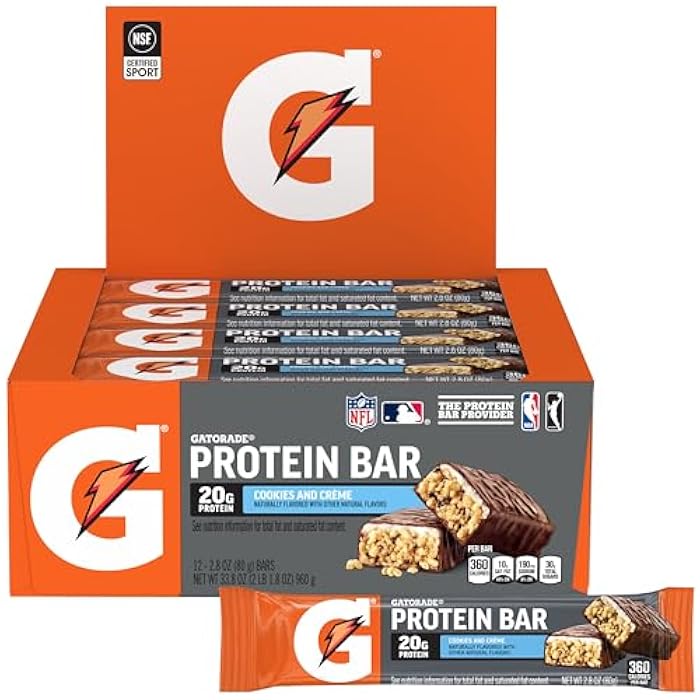 Gatorade Whey Protein Bars, Cookies & Crème, 2.8 oz bars (Pack of 12, 20g of protein per bar) - Image 1