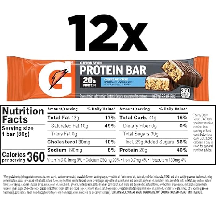 Gatorade Whey Protein Bars, Cookies & Crème, 2.8 oz bars (Pack of 12, 20g of protein per bar) - Image 2
