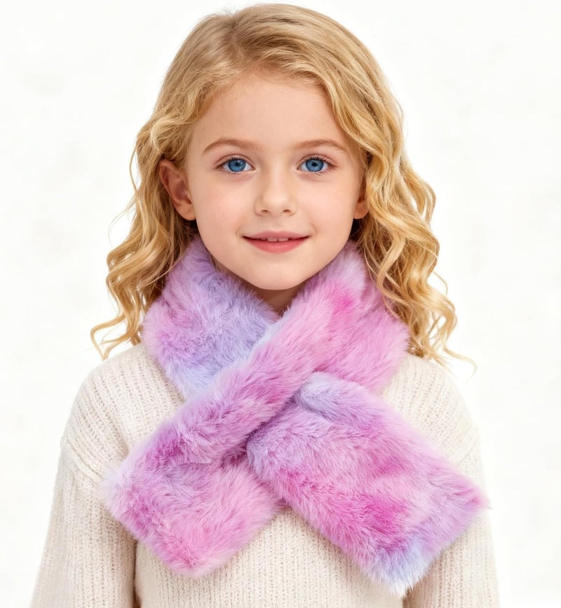 Newfancy Kids Winter Rainbow Scarf Gradient Cross Tie Collar Fluffy Fur Plush Shawl Wrap Neck Warmer for Toddler Girls Boys - Image 3