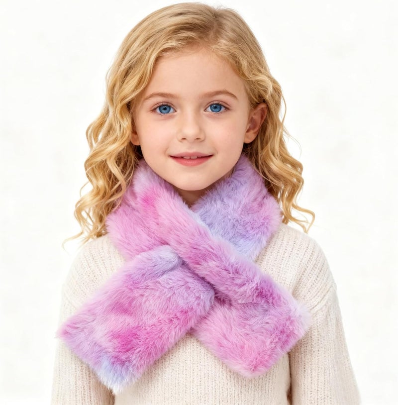 Newfancy Kids Winter Rainbow Scarf Gradient Cross Tie Collar Fluffy Fur Plush Shawl Wrap Neck Warmer for Toddler Girls Boys - Image 2