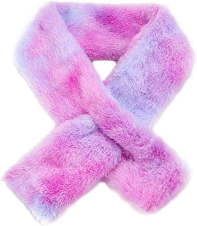 Newfancy Kids Winter Rainbow Scarf Gradient Cross Tie Collar Fluffy Fur Plush Shawl Wrap Neck Warmer for Toddler Girls Boys - Image 1
