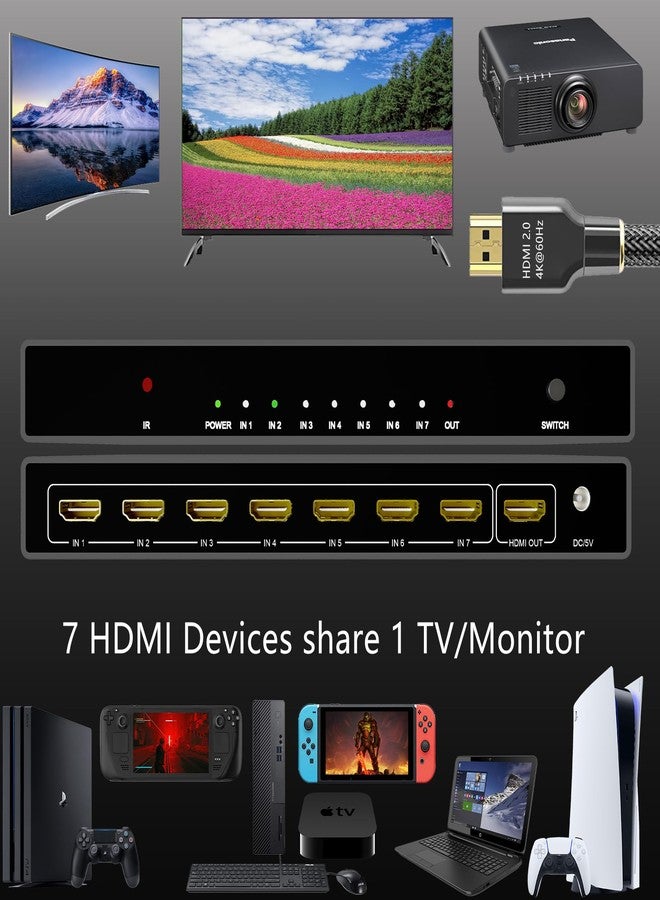 موزع HDMI من DiamondTiger، 7 مداخل ومخرج واحد، يدعم دقة 4K بمعدل 60 هرتز، مزود بجهاز تحكم عن بعد، صندوق موزع HDMI، يدعم HDR وHDCP و3D، مصنوع من الألومنيوم عالي الجودة، متوافق مع PS5/4 وXbox وApple TV - Image 2