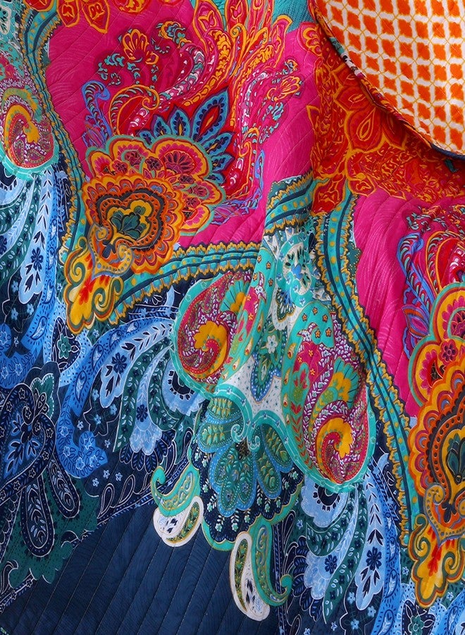 Levtex Home - Mackenzie - Quilted Throw - Bohemian - Teal, Orange, Yellow, Green, Blue - Throw Size 50x60in. - Reversible - Cotton Fabric - Image 3