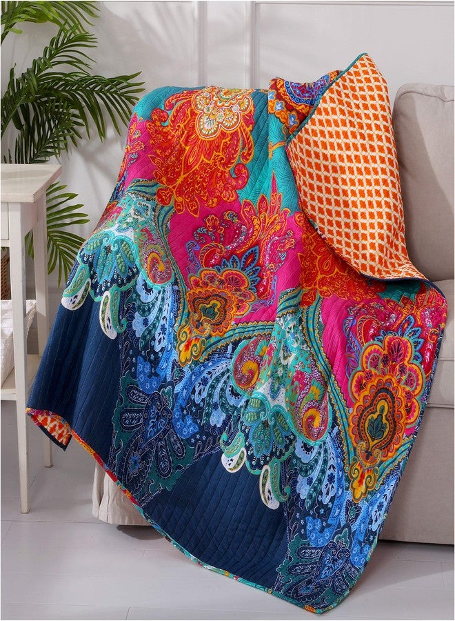 Levtex Home - Mackenzie - Quilted Throw - Bohemian - Teal, Orange, Yellow, Green, Blue - Throw Size 50x60in. - Reversible - Cotton Fabric - Image 1
