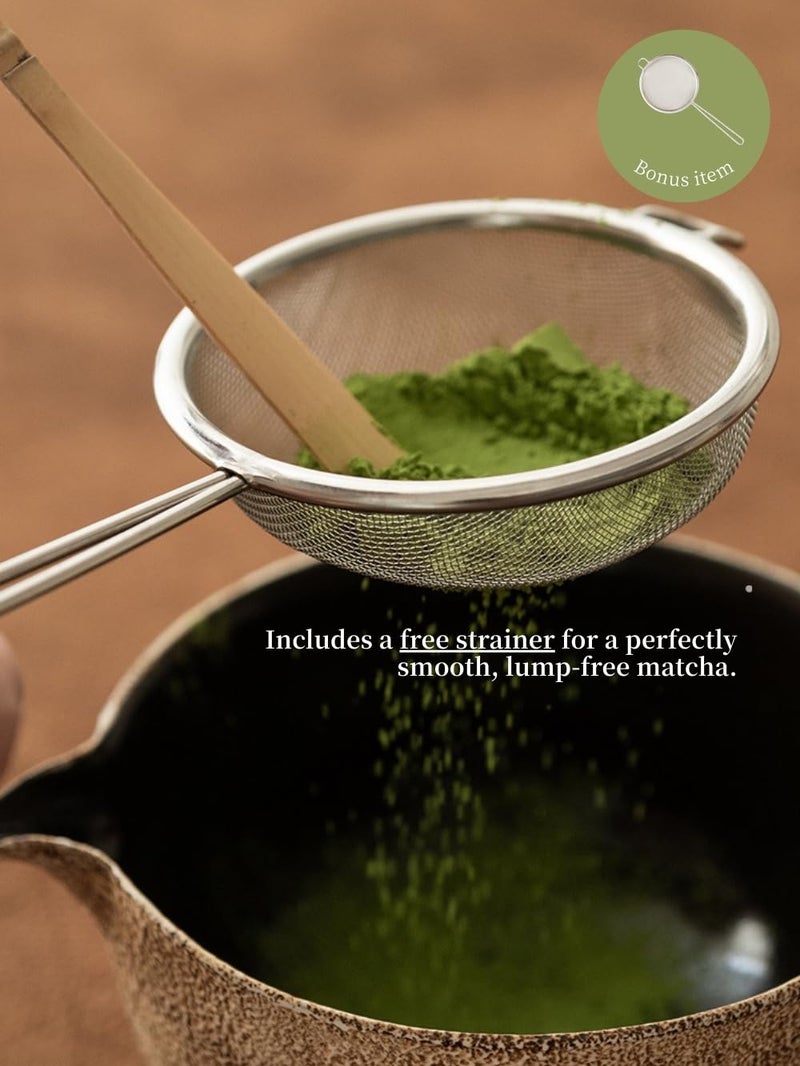 WUSEI 6-pcs Japanese Matcha Whisk Set, Handmade Ceramic Matcha Set with Bowl(Chawan),Bamboo Whisk(Chasen) and Holder, Scoop, Sifter & Tea Towel,Matcha Kit for Ceremony (Stone Vein) - Image 4