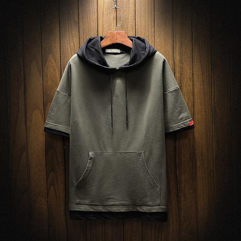 Summer Hooded Mens Thin Short Sleeve Sweatshirt Army Green  - Image 1