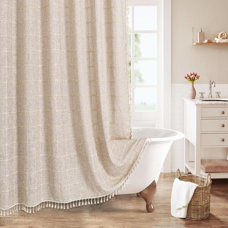 MitoVilla Boho Extra Long Shower Curtain 72 x 84 Modern Farmhouse 84 inch XL Rustic Cotton Linen Tassel Heavy Duty Shower Curtain Set with Hooks for Cottagecore Country Bathroom Decor Tan Brown