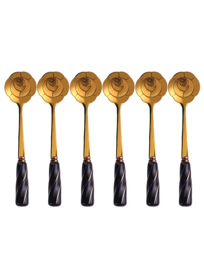 TD HOME 6-Piece Rose Flower Shaped Coffee Spoon Set Gold/Black 12 x 2.8cm - Image 1