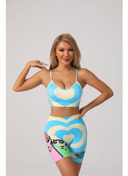 Seamless Peach Heart Yoga Shorts Set for Women Lake Blue Love Printed Girl Police