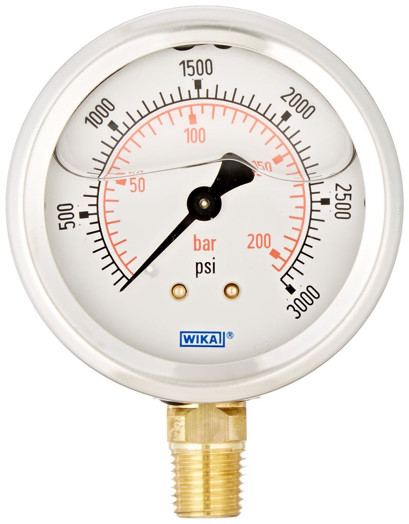 WIKA 9692105 Industrial Pressure Gauge, Liquid/Refillable, Copper Alloy Wetted Parts, 2-1/2" Dial, 0-3000 psi (bar) Range, +/- 2/1/2% Accuracy, 1/4" Male NPT Connection, Bottom Mount - Image 5