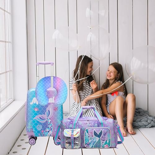 Inprof 3-Piece Luggage Set: 16'' Hardside Spinner Wheels Kids Carry On Suitcase, Duffle Bag, Neck Pillow & Free Luggage Tag - Pink, Mermaid Pattern - Image 3