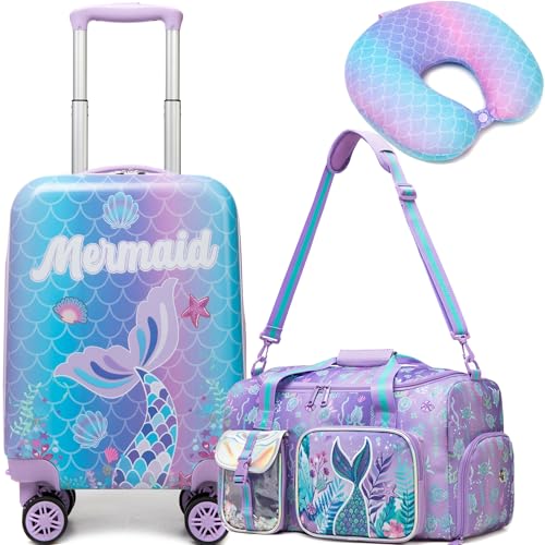 Inprof 3-Piece Luggage Set: 16'' Hardside Spinner Wheels Kids Carry On Suitcase, Duffle Bag, Neck Pillow & Free Luggage Tag - Pink, Mermaid Pattern - Image 1