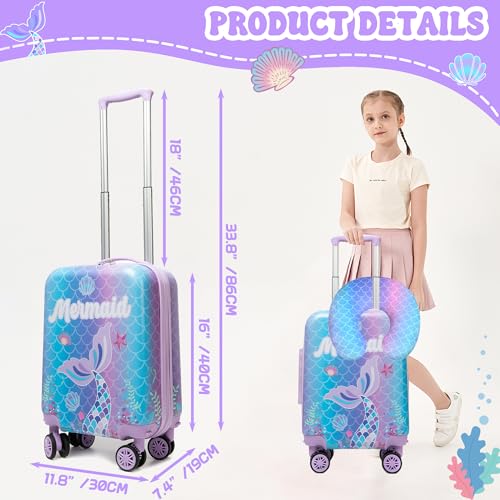 Inprof 3-Piece Luggage Set: 16'' Hardside Spinner Wheels Kids Carry On Suitcase, Duffle Bag, Neck Pillow & Free Luggage Tag - Pink, Mermaid Pattern - Image 2