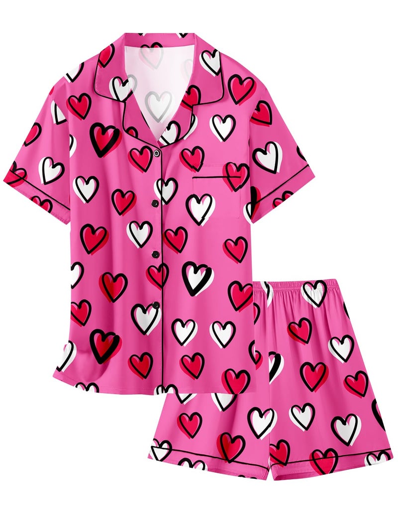 Schbbbta Girls Womens Pajamas, Satin Silky Pjs Set Kids 2Pcs Button-Down Nightwear Sleepwear Gift for Mommy and me, Heart Hot Pink, 11-12 years - Image 1