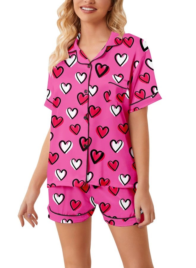 Schbbbta Girls Womens Pajamas, Satin Silky Pjs Set Kids 2Pcs Button-Down Nightwear Sleepwear Gift for Mommy and me, Heart Hot Pink, 11-12 years - Image 5