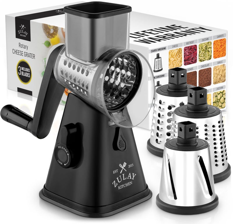 Zulay Kitchen Cheese Grater Hand Crank, Grater For Kitchen With Reinforced Suction - Rotary Cheese Grater With 3 Replaceable Stainless Steel Blades - Easy to Use & Clean - Vegetable Cutter - White - Image 1