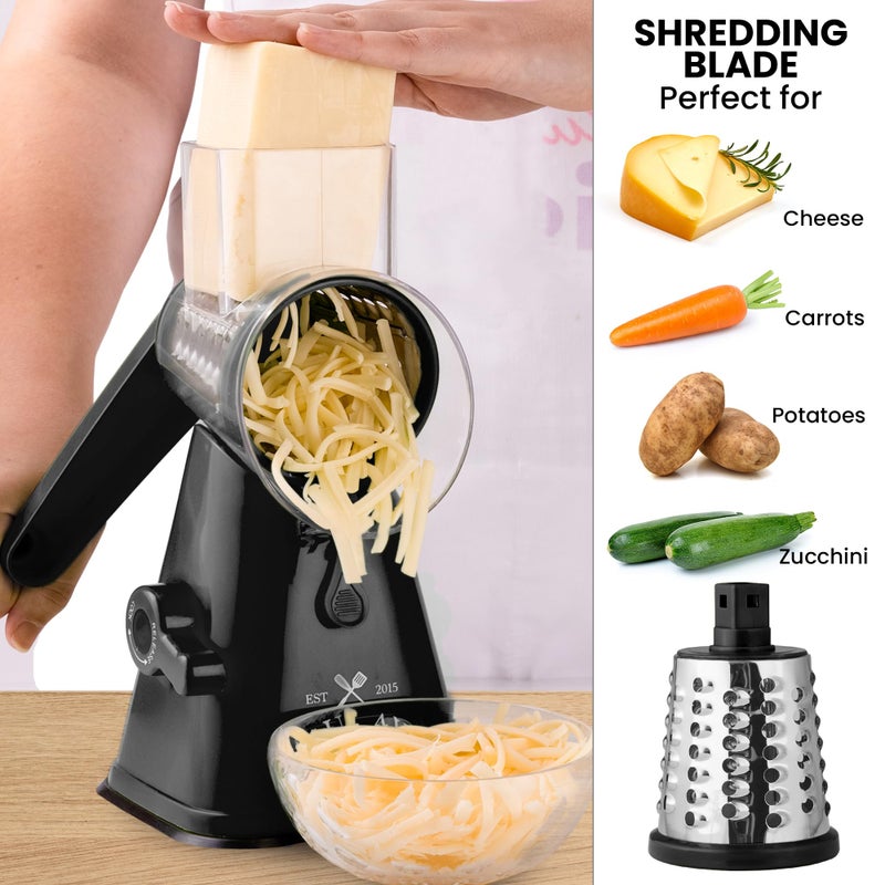 Zulay Kitchen Cheese Grater Hand Crank, Grater For Kitchen With Reinforced Suction - Rotary Cheese Grater With 3 Replaceable Stainless Steel Blades - Easy to Use & Clean - Vegetable Cutter - White - Image 4