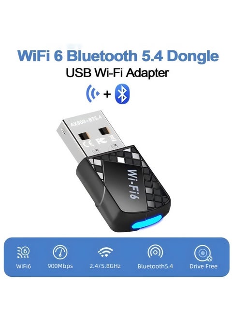 محول واي فاي 6 وبلوتوث 5.4 فائق السرعة بسرعة 900 ميجابت في الثانية ثنائي النطاق 5G/2.4GHz - لا حاجة لبرنامج تشغيل، توصيل وتشغيل USB للكمبيوتر الشخصي/الكمبيوتر المحمول، بث وألعاب سلسة