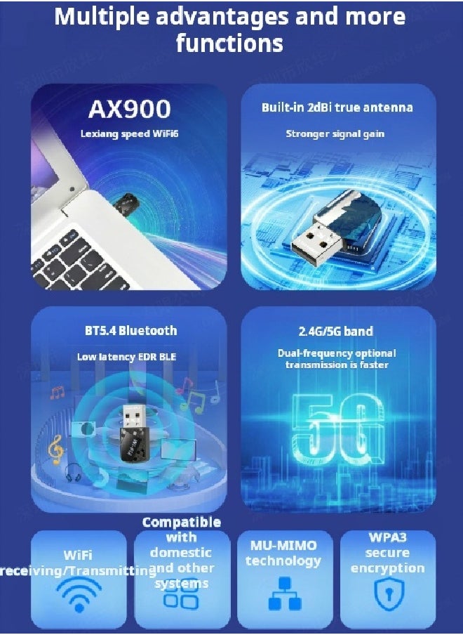 محول واي فاي 6 وبلوتوث 5.4 فائق السرعة بسرعة 900 ميجابت في الثانية ثنائي النطاق 5G/2.4GHz - لا حاجة لبرنامج تشغيل، توصيل وتشغيل USB للكمبيوتر الشخصي/الكمبيوتر المحمول، بث وألعاب سلسة