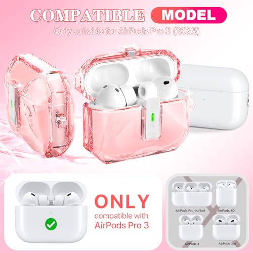 R-fun Rfun for AirPods Pro 3 Case Transparent NonYellowing with Cleaning Kit Keychain Auto PopUp Lid Design for AirPods Pro 3rd Generation Case Compatible with Magsafe Clear Pink - Image 3