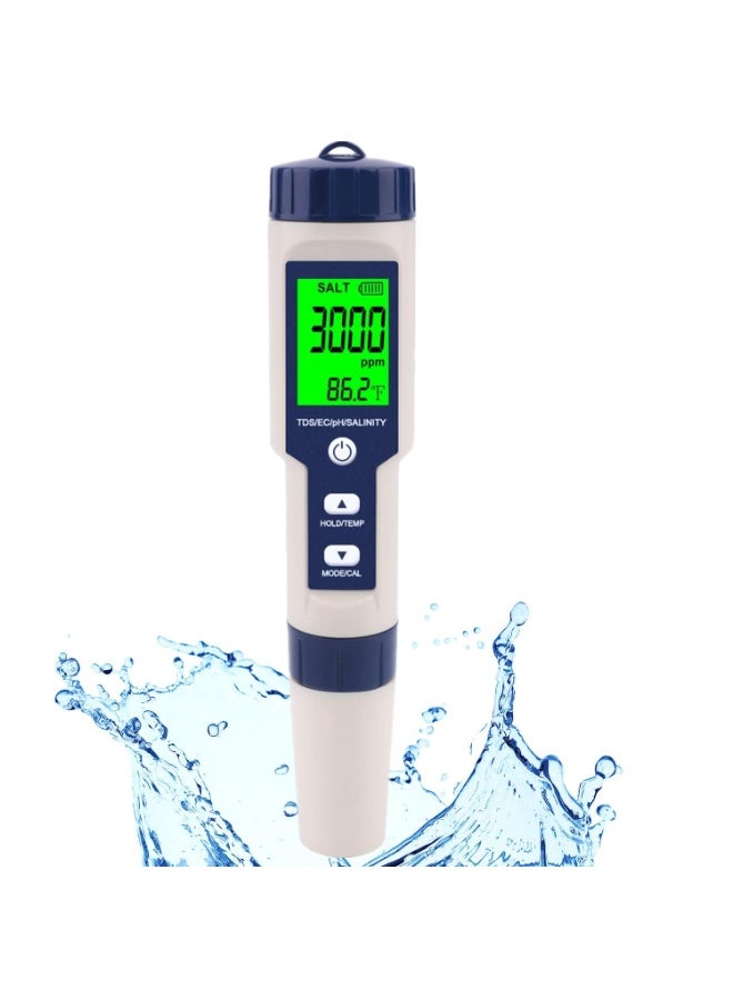 Chabeia 5 in 1 PH Meter, Professional Multi-parameter Combo Testing Meter，PH/TDS/EC/Salinity/Temp Meter, for Water, High Accuracy Water Testing Kits for Drinking Water, Pools, Fish Tank, and Hydroponics（White&Blue） - Image 1