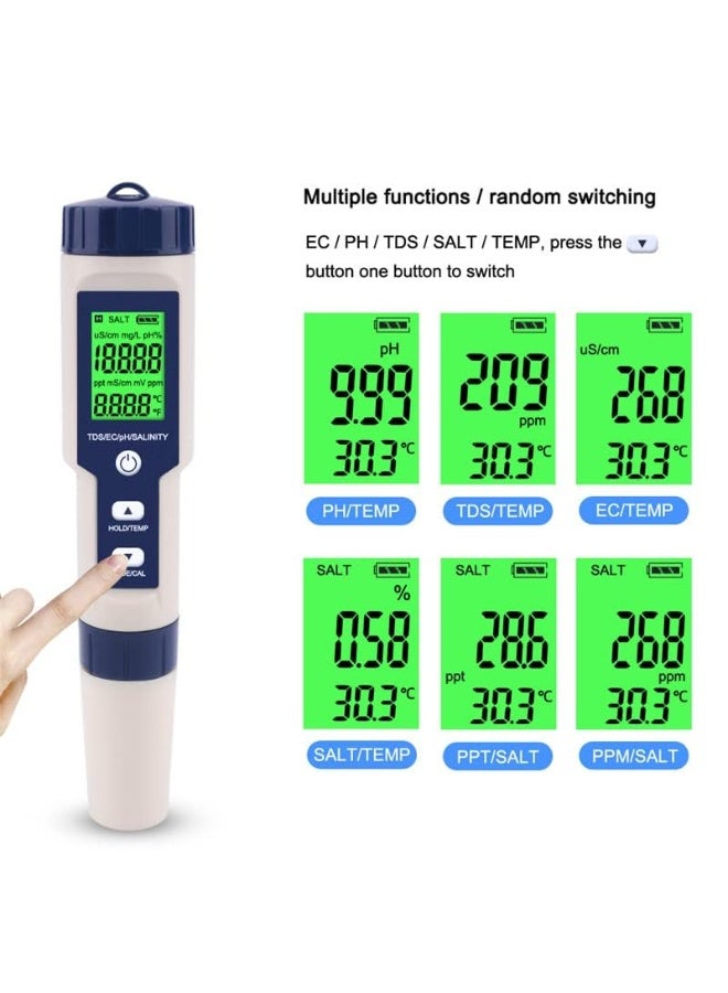 Chabeia 5 in 1 PH Meter, Professional Multi-parameter Combo Testing Meter，PH/TDS/EC/Salinity/Temp Meter, for Water, High Accuracy Water Testing Kits for Drinking Water, Pools, Fish Tank, and Hydroponics（White&Blue） - Image 4