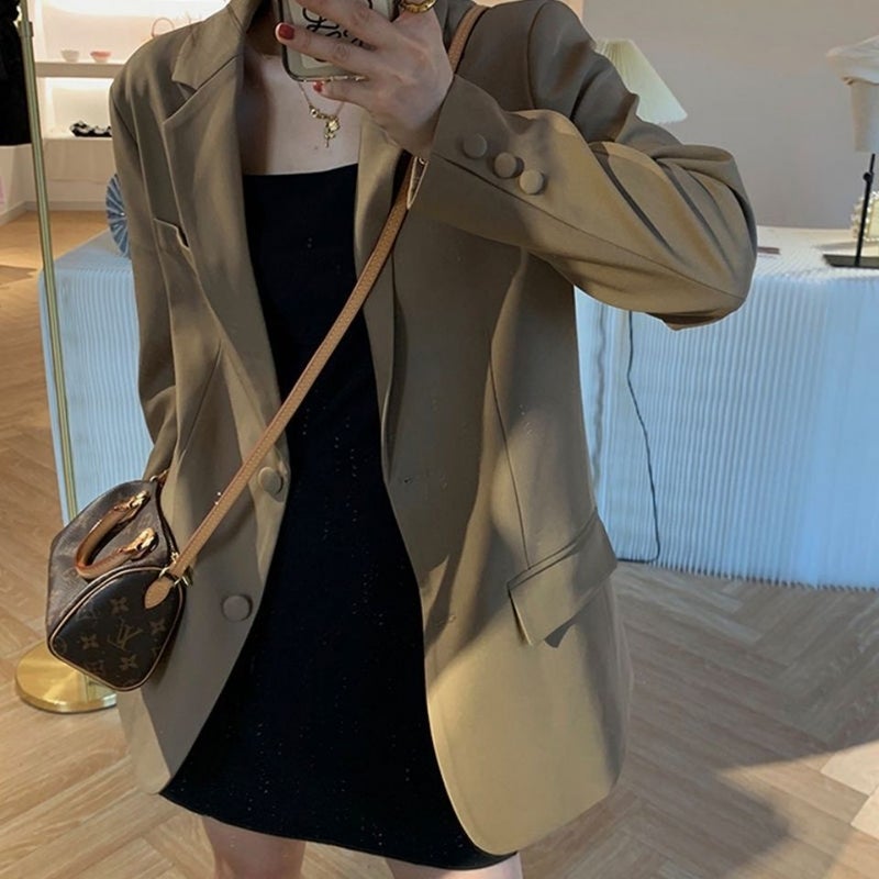 2023 Spring Autumn Womens Blazer Korean Loose Slim Fit Casual Mid-Length Jacket Brown - Image 5
