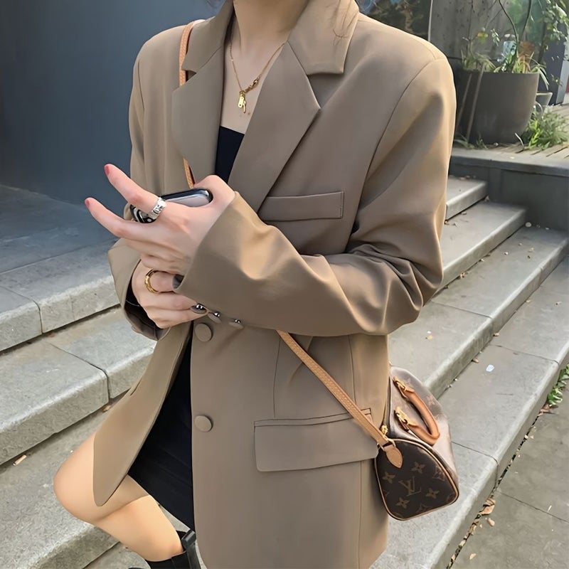 2023 Spring Autumn Womens Blazer Korean Loose Slim Fit Casual Mid-Length Jacket Brown - Image 3