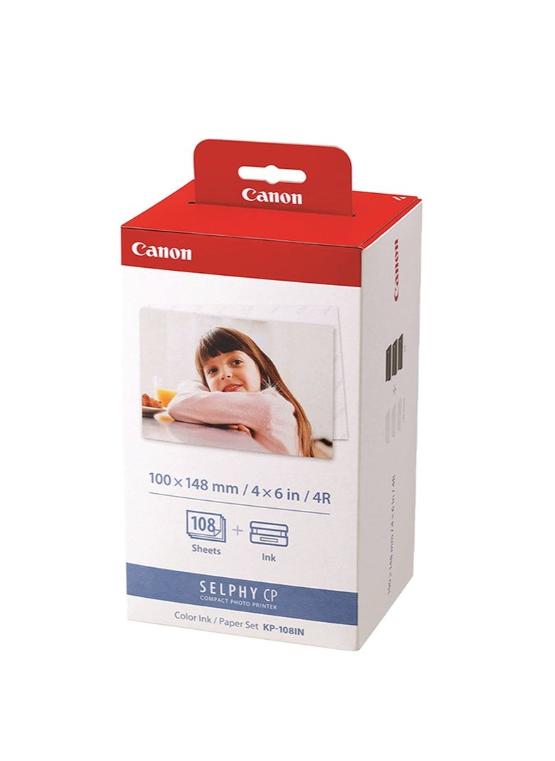 Canon Canon KP-108IN Color Ink Paper Set for Canon Selphy CP910/CP810 Photo Printer, 108 Sheets, White  - Image 1