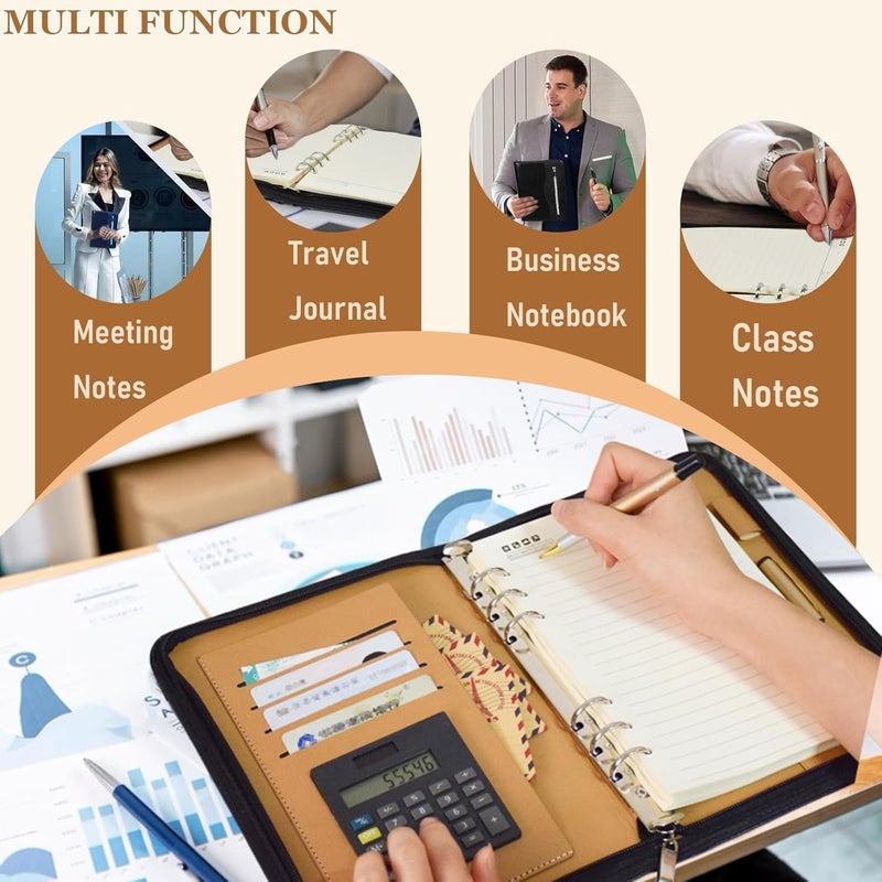 SAYEEC A5 Multifunctional Zippered Notebook Travel Notebook Business 6Ring Binder Meeting Folder Loose leaf Notepad with Calculator Pen Holder for Men Women - Image 5