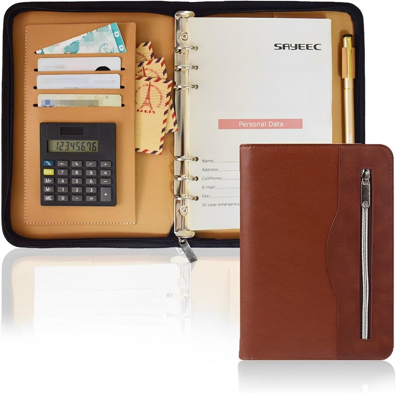 SAYEEC A5 Multifunctional Zippered Notebook Travel Notebook Business 6Ring Binder Meeting Folder Loose leaf Notepad with Calculator Pen Holder for Men Women - Image 1