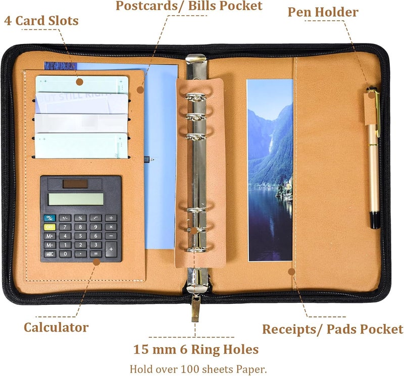 SAYEEC A5 Multifunctional Zippered Notebook Travel Notebook Business 6Ring Binder Meeting Folder Loose leaf Notepad with Calculator Pen Holder for Men Women - Image 2