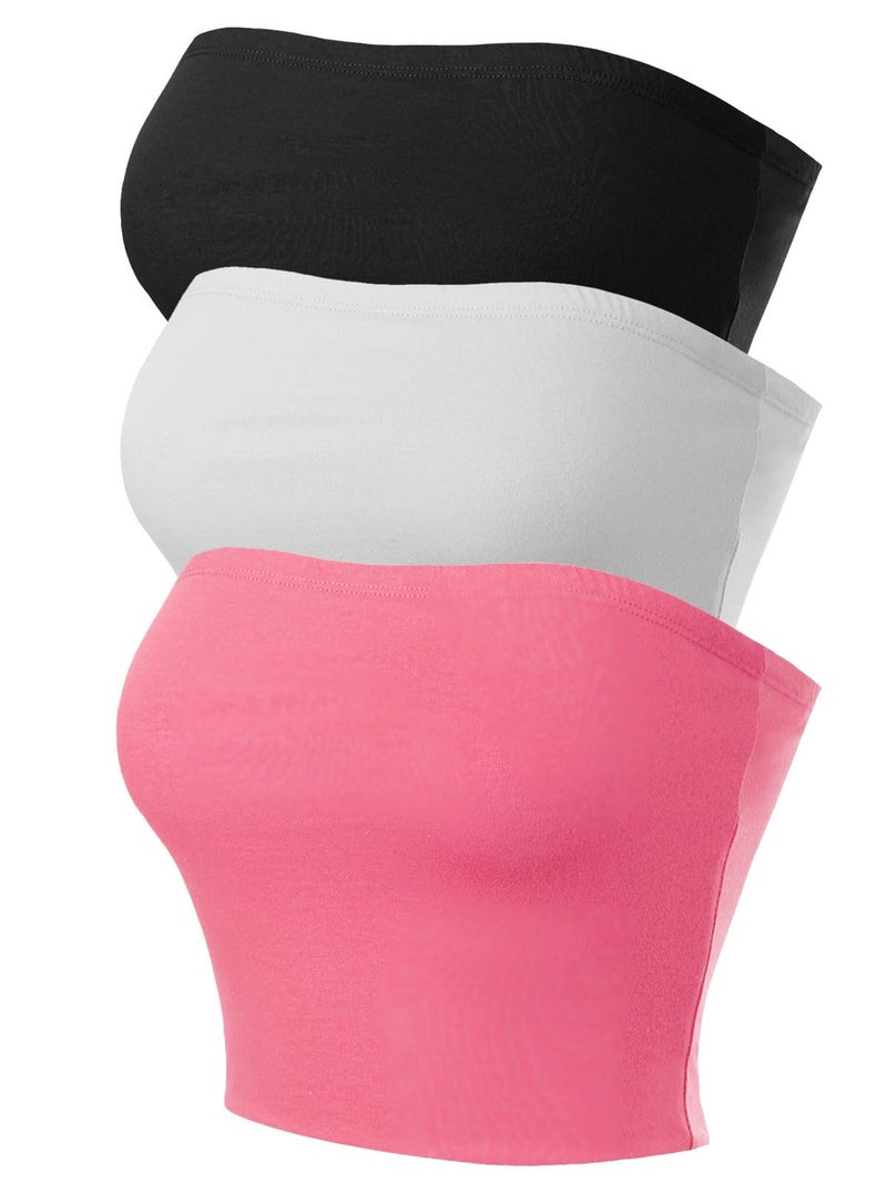 MixMatchy Women's Strapless Tube Tops Basic Bandeau Crop Sleeveless Backless Casual Sexy Going Out Summer 2025 3PACK - Black/White/Pink M - Image 2