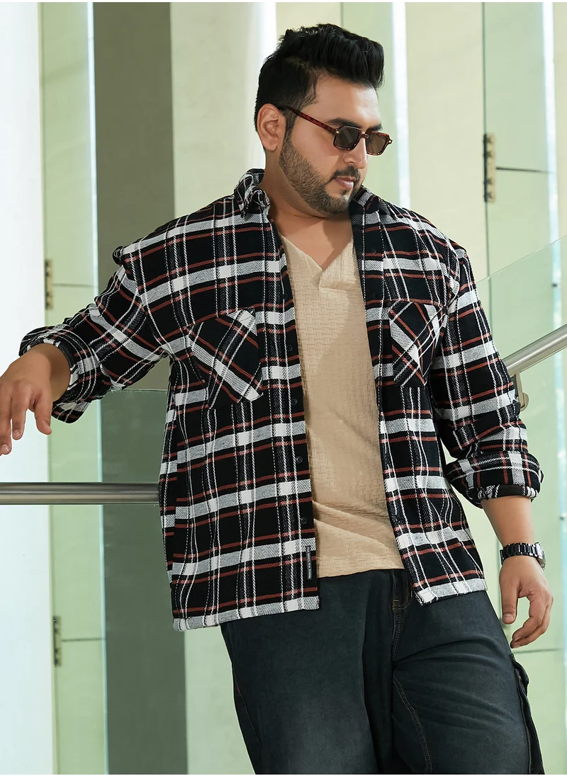 Instafab Plus Instafab Plus Men's Black & White Halo-Check Utility Shacket For Casual Wear | Spread Collar | Long Sleeves | Button Closure | Plus Size Overshirt/Shacket Crafted With Comfort Fit For Everyday Wear