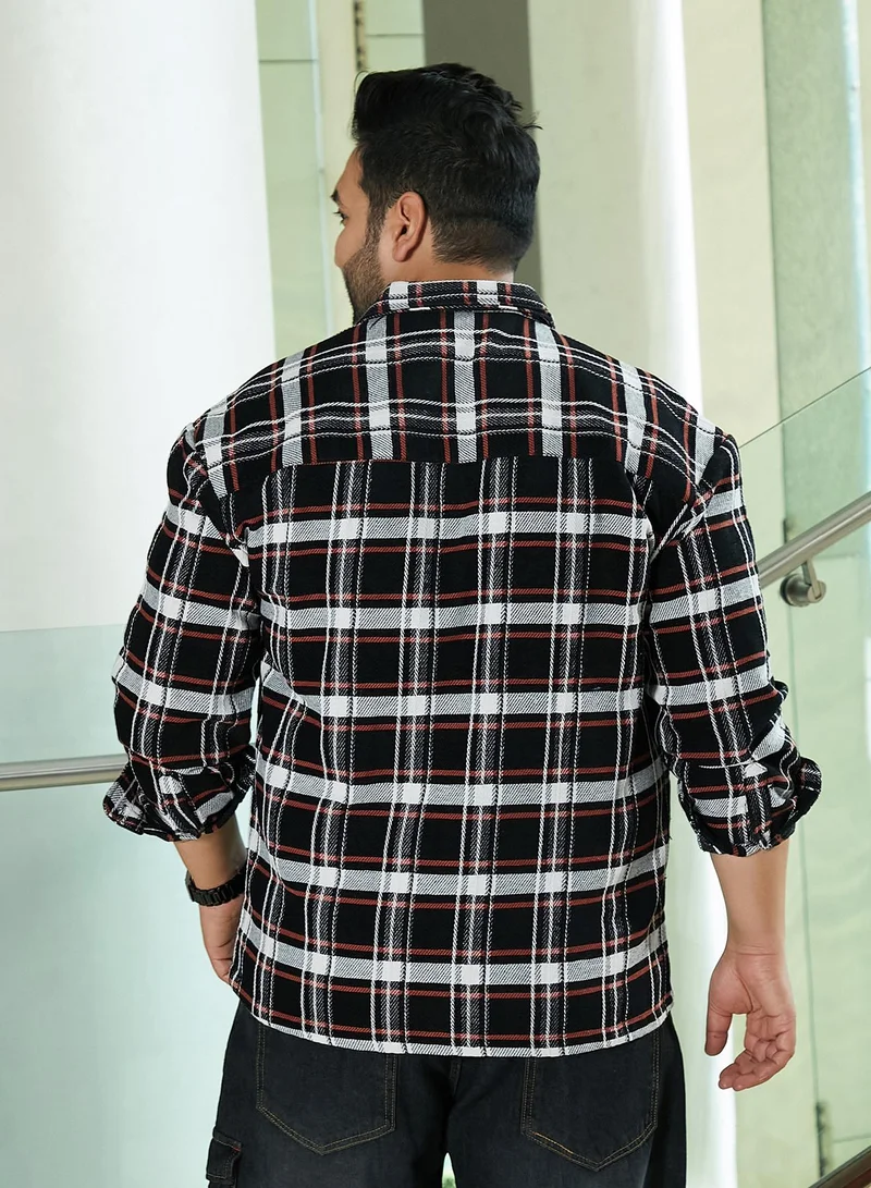 Instafab Plus Instafab Plus Men's Black & White Halo-Check Utility Shacket For Casual Wear | Spread Collar | Long Sleeves | Button Closure | Plus Size Overshirt/Shacket Crafted With Comfort Fit For Everyday Wear