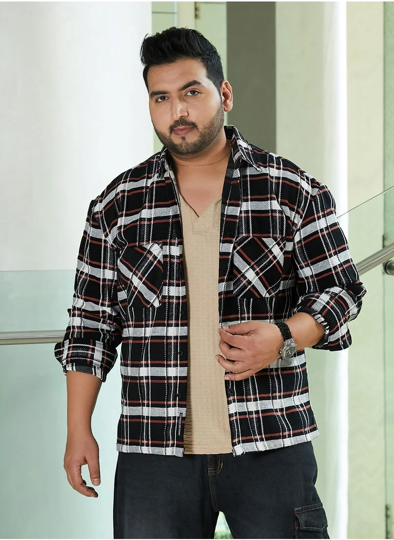 انستافاب بلس Instafab Plus Men's Black & White Halo-Check Utility Shacket For Casual Wear | Spread Collar | Long Sleeves | Button Closure | Plus Size Overshirt/Shacket Crafted With Comfort Fit For Everyday Wear
