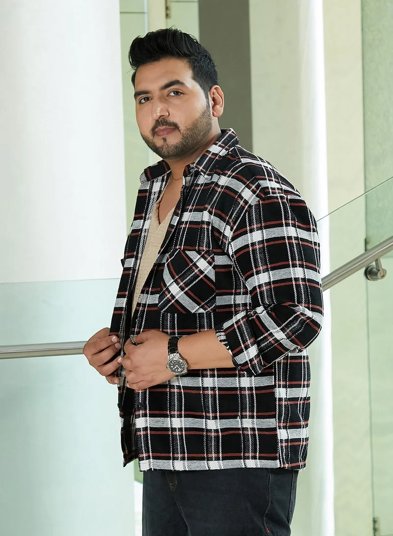 Instafab Plus Instafab Plus Men's Black & White Halo-Check Utility Shacket For Casual Wear | Spread Collar | Long Sleeves | Button Closure | Plus Size Overshirt/Shacket Crafted With Comfort Fit For Everyday Wear