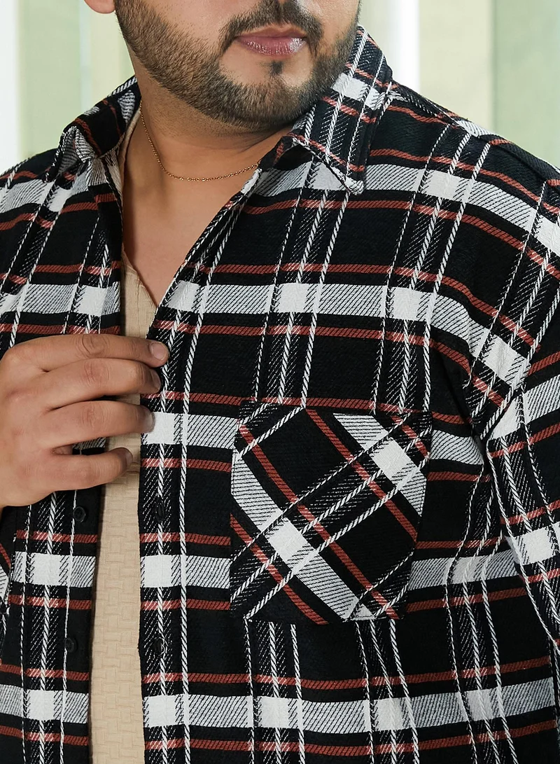 Instafab Plus Instafab Plus Men's Black & White Halo-Check Utility Shacket For Casual Wear | Spread Collar | Long Sleeves | Button Closure | Plus Size Overshirt/Shacket Crafted With Comfort Fit For Everyday Wear