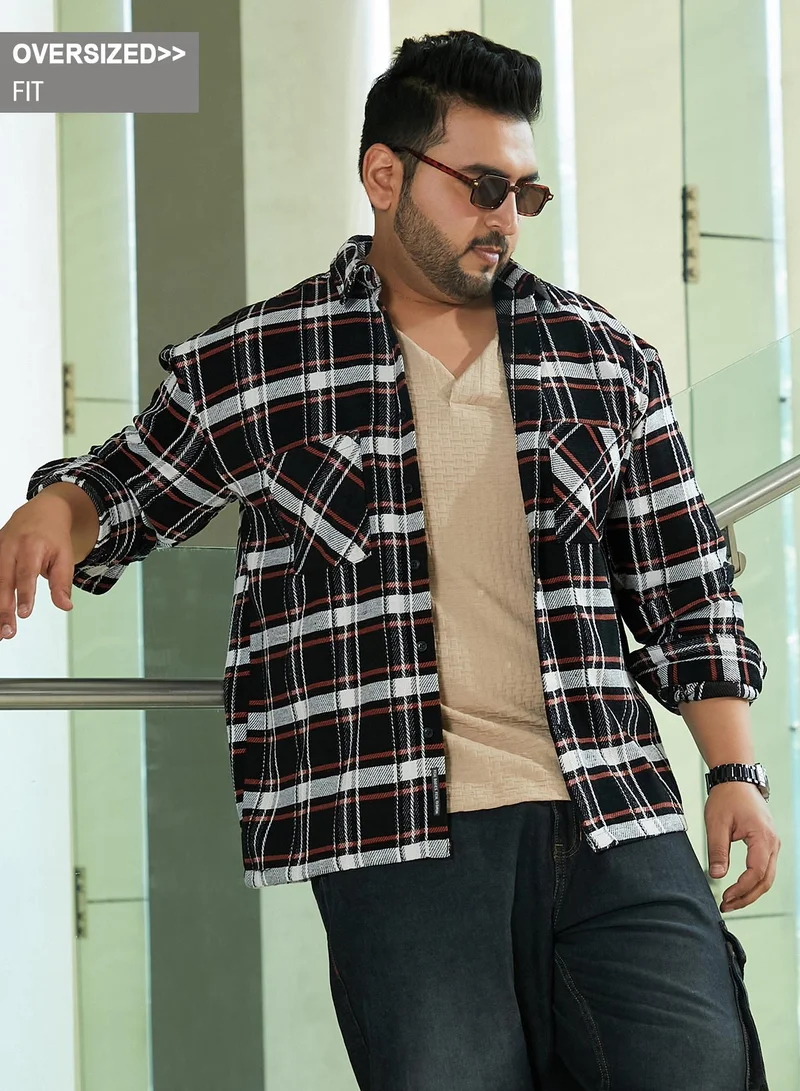 Instafab Plus Instafab Plus Men's Black & White Halo-Check Utility Shacket For Casual Wear | Spread Collar | Long Sleeves | Button Closure | Plus Size Overshirt/Shacket Crafted With Comfort Fit For Everyday Wear