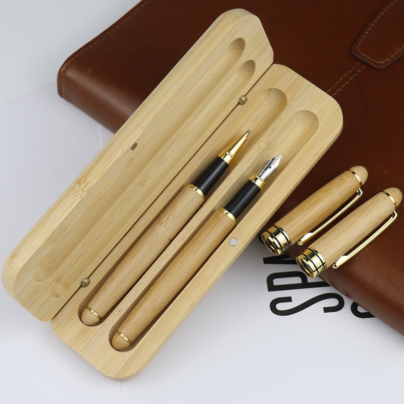 High-Grade Bamboo Ball Pen Casual Business Gift Pen Set Black Gel Pen Rotating Ball Pen Engraved Logo - Image 2