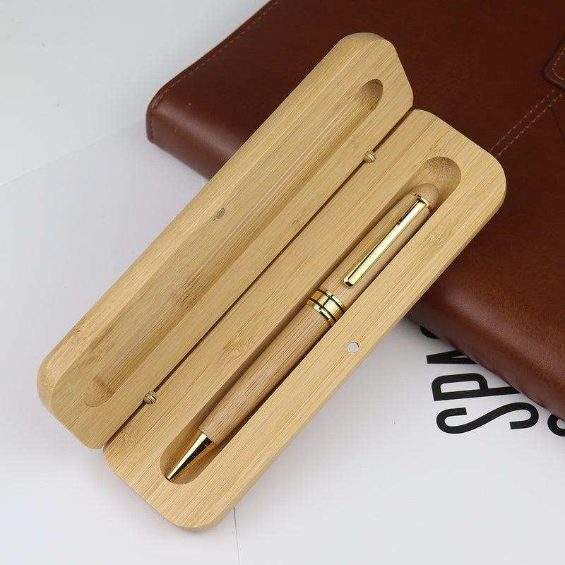 High-Grade Bamboo Ball Pen Casual Business Gift Pen Set Black Gel Pen Rotating Ball Pen Engraved Logo - Image 5