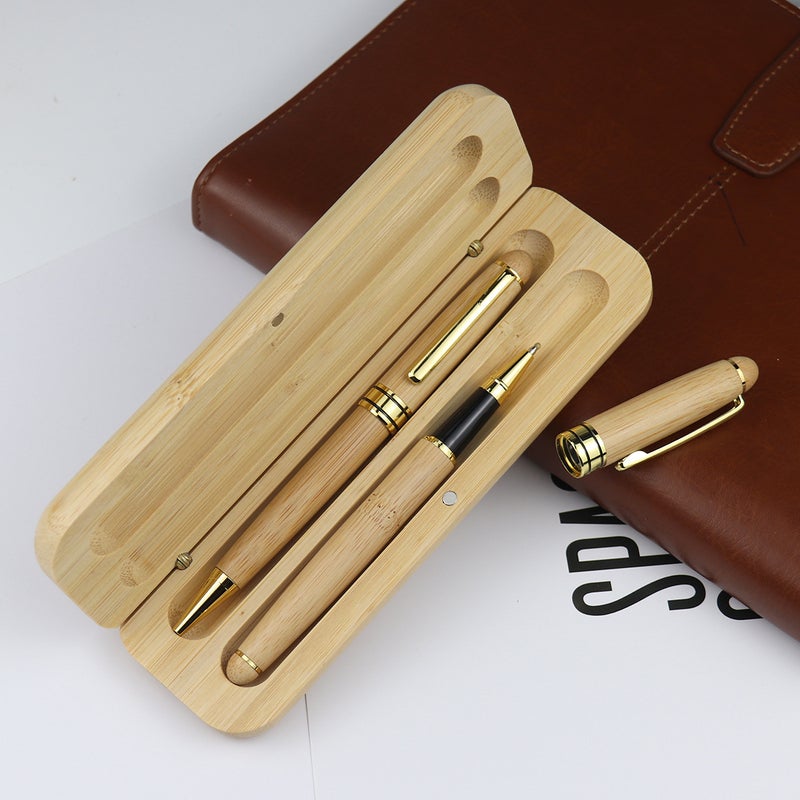 High-Grade Bamboo Ball Pen Casual Business Gift Pen Set Black Gel Pen Rotating Ball Pen Engraved Logo - Image 3