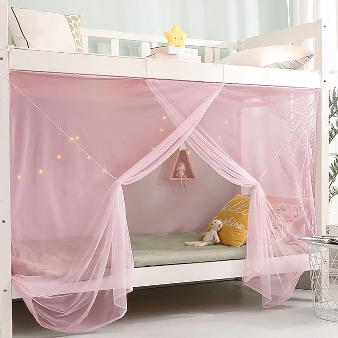 8 CORNER BED CANOPY CURTAINS FOR GIRLS BOYS DORMITORY LOFT 118M BED OUTDOOR CAMPING PINK