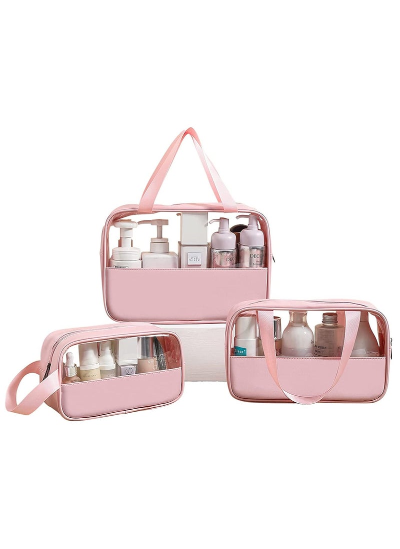 Swift 3 Pack Travel Toiletry Bag, Waterproof Clear PVC Makeup Cosmetic Bag, Zippered Carry on Pouch, Portable Travel Bag for Bathroom, Vacation, Pink  - Image 1