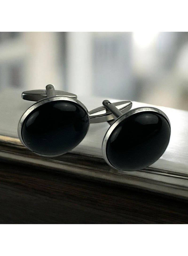 Imported large men's cufflinks with black agate, a gemstone that symbolizes strength - a luxurious touch for a sophisticated look on formal occasions - Image 1