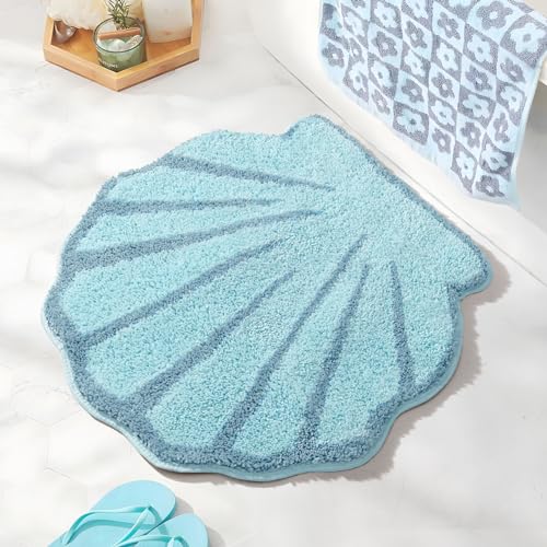 UNIBATH Seashell Bathroom Rugs and Mat Cute Beach Bath Mat for Cartoon Sea Bathroom Decor Aqua Blue Bath Rugs Plush Non-Slip Foot Mat Absorbent Bathtub Rug Washable - Image 1