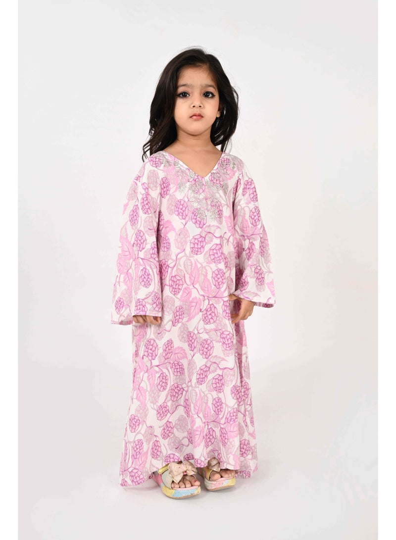 Linelle Kids Jalabiya – Pink and White Floral Print and Embroidery Detailing - Image 1